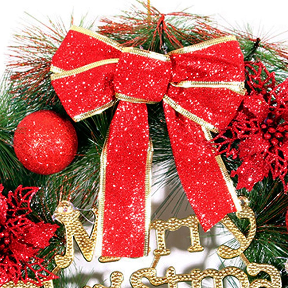 Deep Red Merry Christmas themed artificial Christmas Wreath for Walls, Tree and Christmas Door Décor, 15 inches (w) x 15 inches (ht) with Lights - Little Surprise BoxDeep Red Merry Christmas themed artificial Christmas Wreath for Walls, Tree and Christmas Door Décor, 15 inches (w) x 15 inches (ht) with Lights