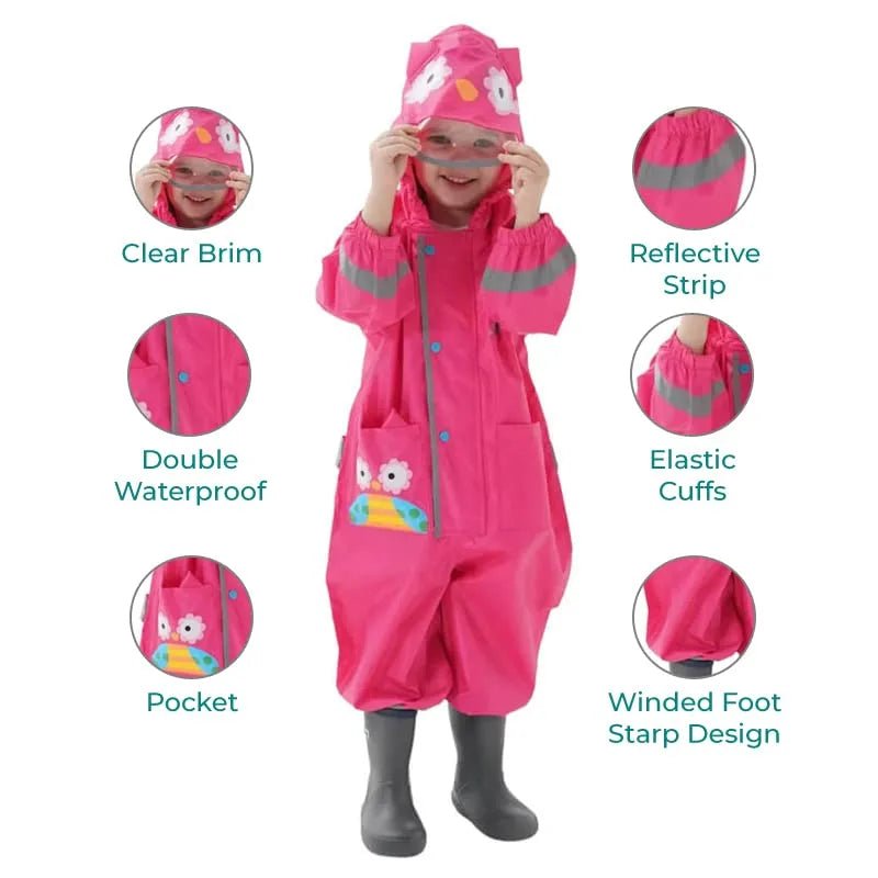 Fuchsia Pink Cute Owl Theme All Over Jumpsuit / Playsuit Raincoat for Kids - Little Surprise BoxFuchsia Pink Cute Owl Theme All Over Jumpsuit / Playsuit Raincoat for Kids