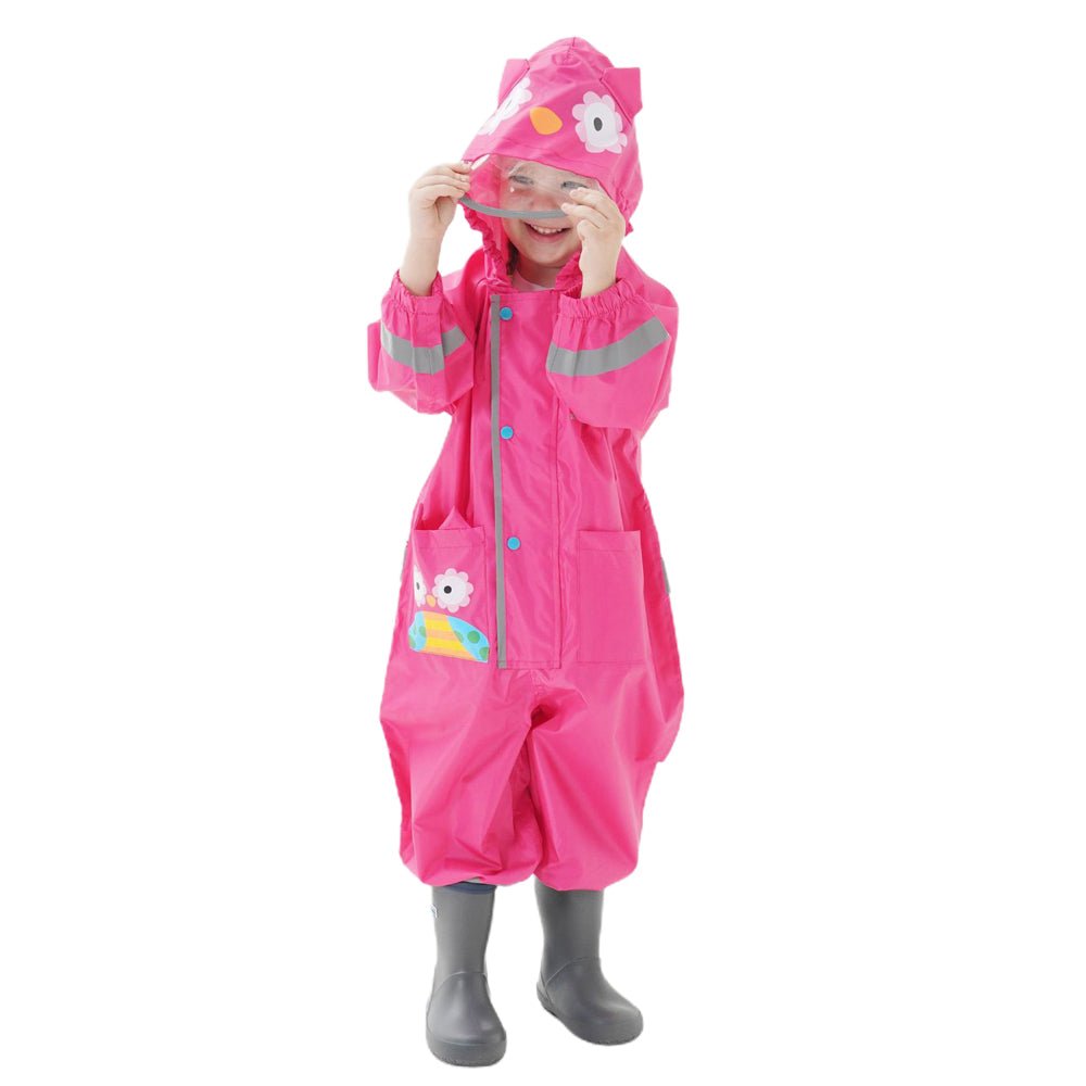 Fuchsia Pink Cute Owl Theme All Over Jumpsuit / Playsuit Raincoat for Kids - Little Surprise BoxFuchsia Pink Cute Owl Theme All Over Jumpsuit / Playsuit Raincoat for Kids