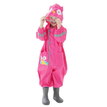 Fuchsia Pink Cute Owl Theme All Over Jumpsuit / Playsuit Raincoat for Kids - Little Surprise BoxFuchsia Pink Cute Owl Theme All Over Jumpsuit / Playsuit Raincoat for Kids