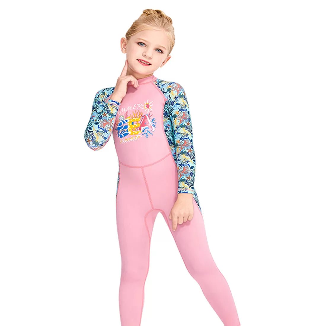 Full Sleeves Kids Swimwear Pink Fauna printed Full Length UPF 50