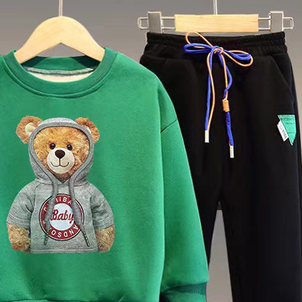 Green & black Hoodie up Teddy 2 piece Track Suit set for Toddlers & Kids - Little Surprise BoxGreen & black Hoodie up Teddy 2 piece Track Suit set for Toddlers & Kids