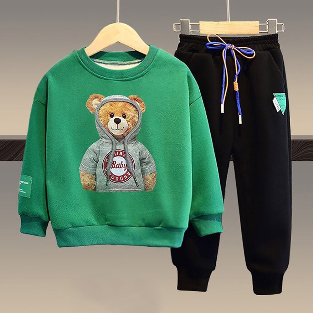 Green & black Hoodie up Teddy 2 piece Track Suit set for Toddlers & Kids - Little Surprise BoxGreen & black Hoodie up Teddy 2 piece Track Suit set for Toddlers & Kids