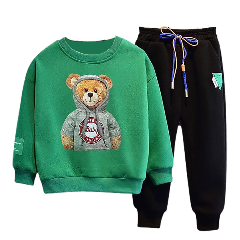 Green & black Hoodie up Teddy 2 piece Track Suit set for Toddlers & Kids - Little Surprise BoxGreen & black Hoodie up Teddy 2 piece Track Suit set for Toddlers & Kids