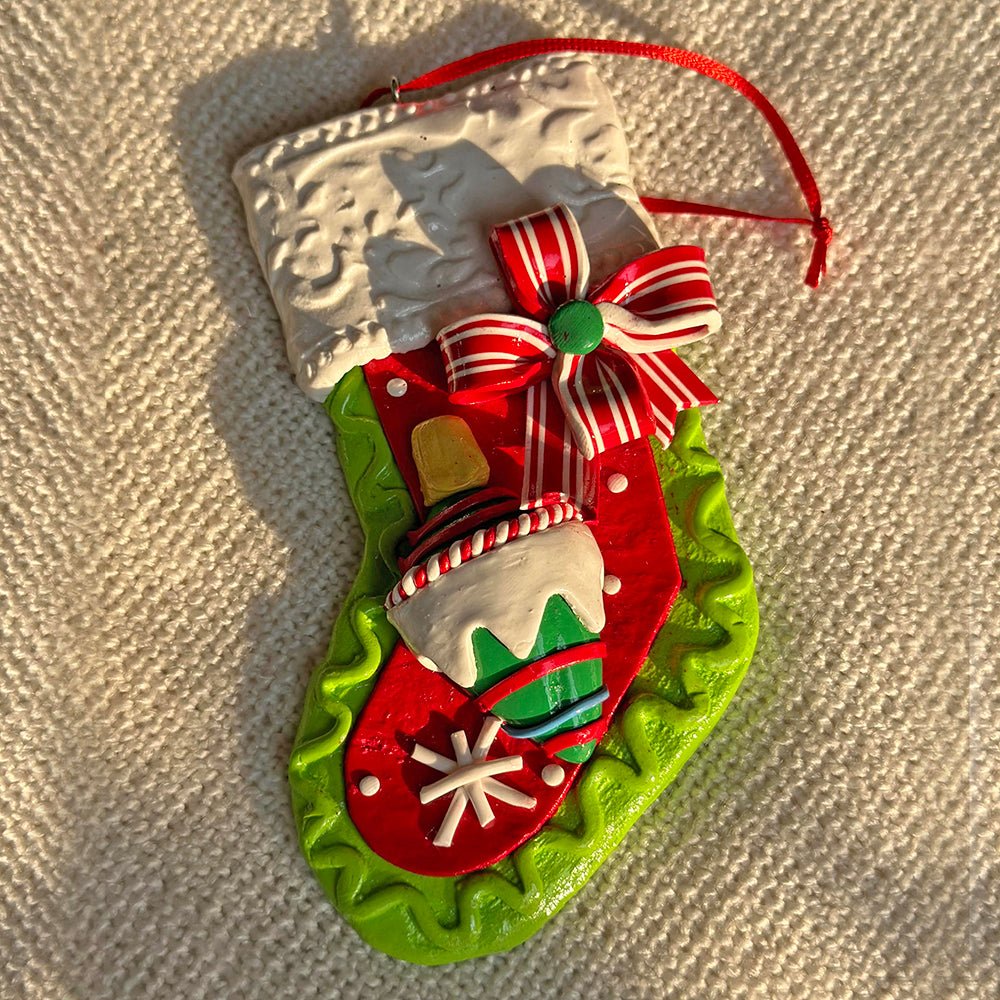 Green Handmade Clay Christmas Stocking Shape, Tree Ornament - Little Surprise BoxGreen Handmade Clay Christmas Stocking Shape, Tree Ornament
