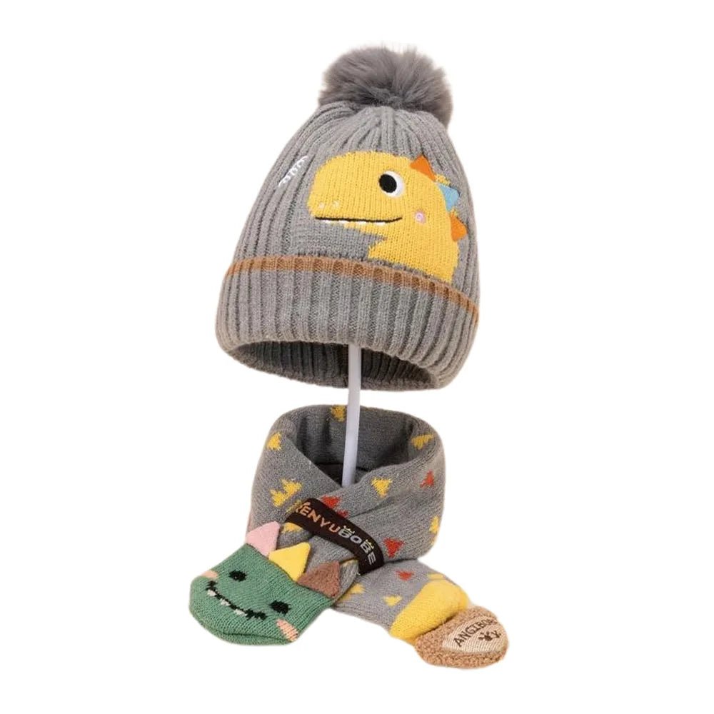 Grey Dino Kids Winter Cap Neck Muffler Set Little Surprise Box