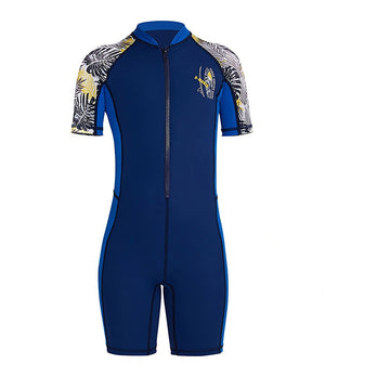Half Sleeves Kids Swimwear Blue & Navy Blue Palm Leaves Printed Sleeves, Knee Length with UPF 50+ - Little Surprise BoxHalf Sleeves Kids Swimwear Blue & Navy Blue Palm Leaves Printed Sleeves, Knee Length with UPF 50+