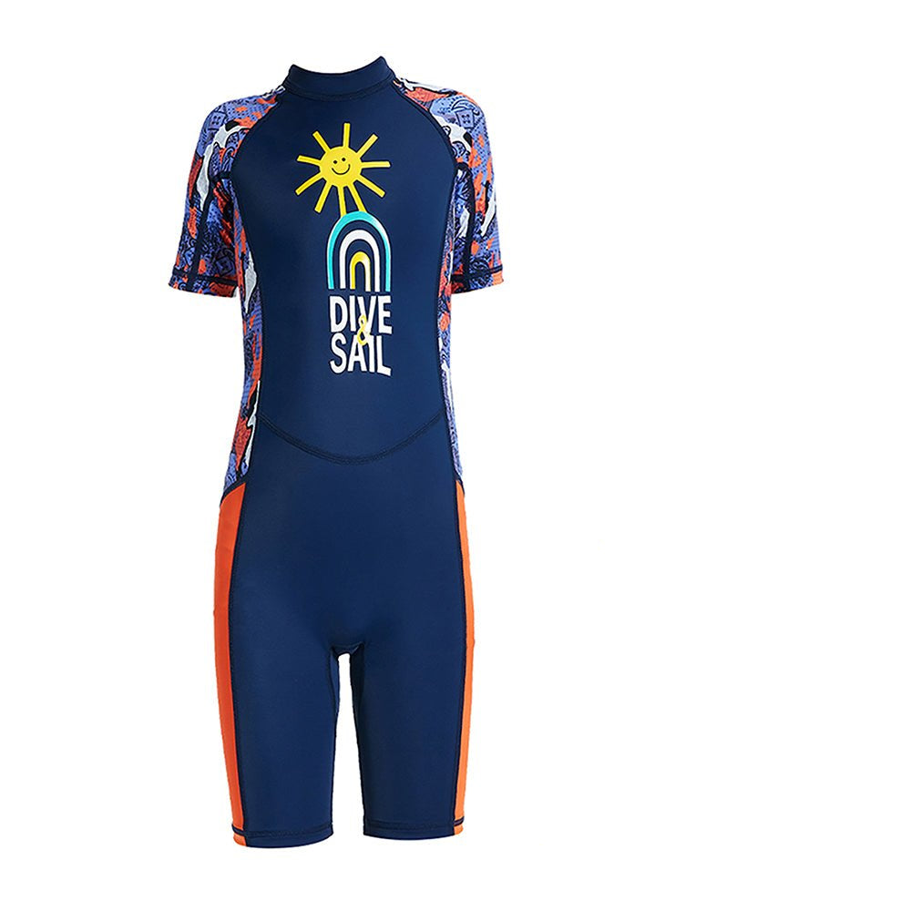 Half Sleeves Kids Swimwear Navy Blue & Orange Sunshine Printed Knee Length, with UPF 50+ - Little Surprise BoxHalf Sleeves Kids Swimwear Navy Blue & Orange Sunshine Printed Knee Length, with UPF 50+
