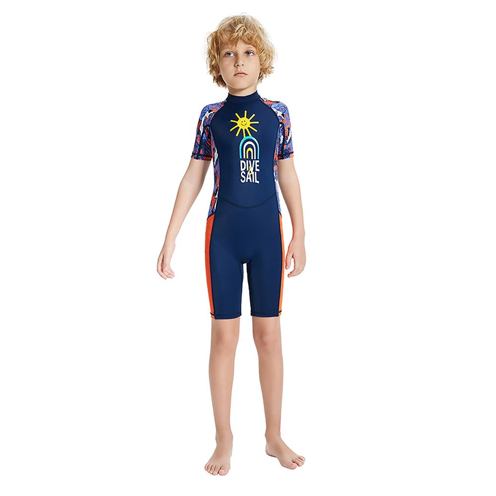 Half Sleeves Kids Swimwear Navy Blue & Orange Sunshine Printed Knee Length, with UPF 50+ - Little Surprise BoxHalf Sleeves Kids Swimwear Navy Blue & Orange Sunshine Printed Knee Length, with UPF 50+