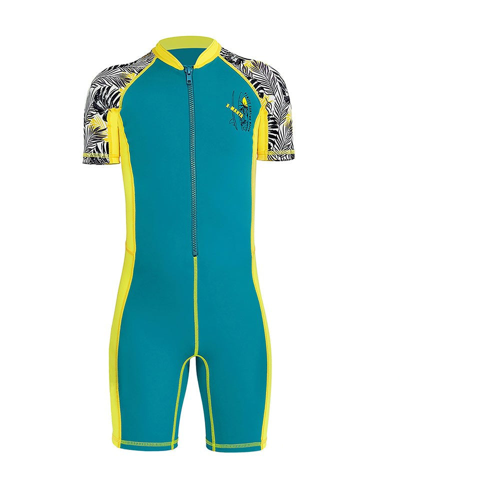 Half Sleeves Kids Swimwear Yellow & Green Palm Leaves Printed Sleeves, Knee Length with UPF 50+ - Little Surprise BoxHalf Sleeves Kids Swimwear Yellow & Green Palm Leaves Printed Sleeves, Knee Length with UPF 50+
