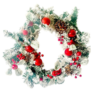 Heavy Bushy Snowy Christmas Wreath with Red cherries, pinecones and Red Ornaments
