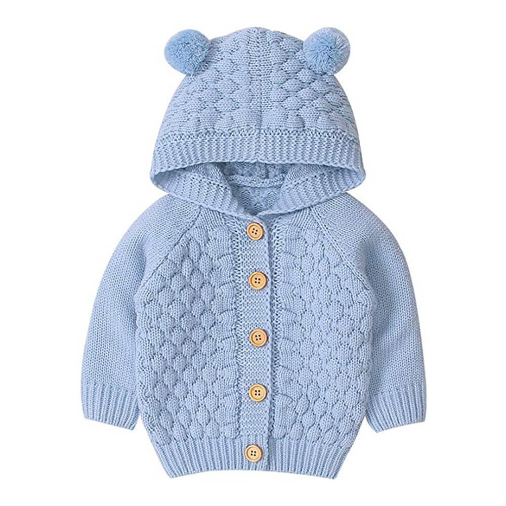 Infants Baby Blue Knitted Cardigan Sweater with Pom Pom Hoodie