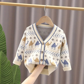 Kids Cream Camel Troop, Cardigan V neck Sweater