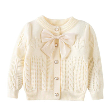 Kids Cream Knitted Cardigan Sweater with Bow
