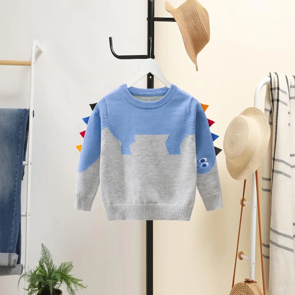 Kids Grey & Light Blue Dino Cardigan Sweater with 3d Tail Applique