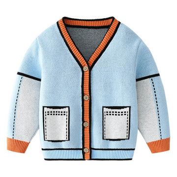 Kids Light Blue with Striking Orange Cardigan Sweater V neck