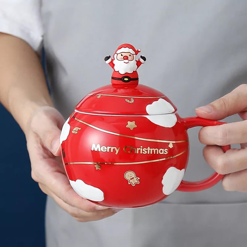 Merry Christmas Ceramic Coffee and Hot Chocolate Mug - Red Round Cup with Matching Ceramic Lid and embellished Spoon, 330 ml - Little Surprise BoxMerry Christmas Ceramic Coffee and Hot Chocolate Mug - Red Round Cup with Matching Ceramic Lid and embellished Spoon, 330 ml
