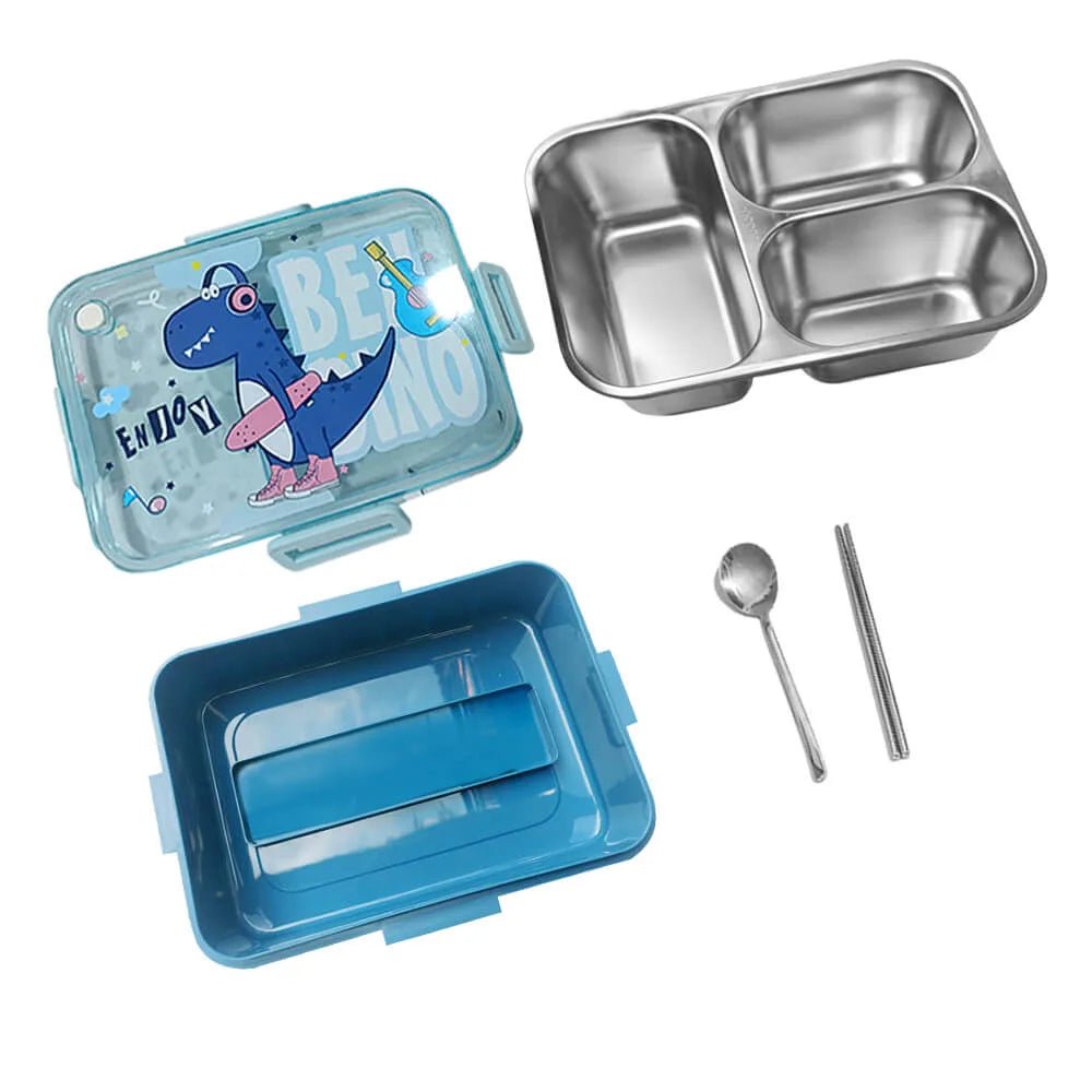 Mini Size Stainless Steel Lunch Box /Tiffin for Kids and Adults, Blue Dino  with Steel Spoon and Steel Chopsticks for Kids and Adults