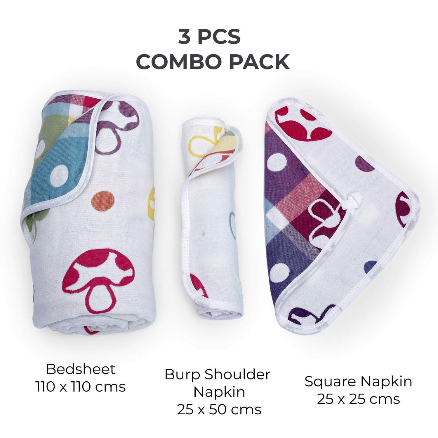 Multi color Mushroom Designed Organic Muslin Blanket, Bib and Napkin Matching Set - Little Surprise BoxMulti color Mushroom Designed Organic Muslin Blanket, Bib and Napkin Matching Set