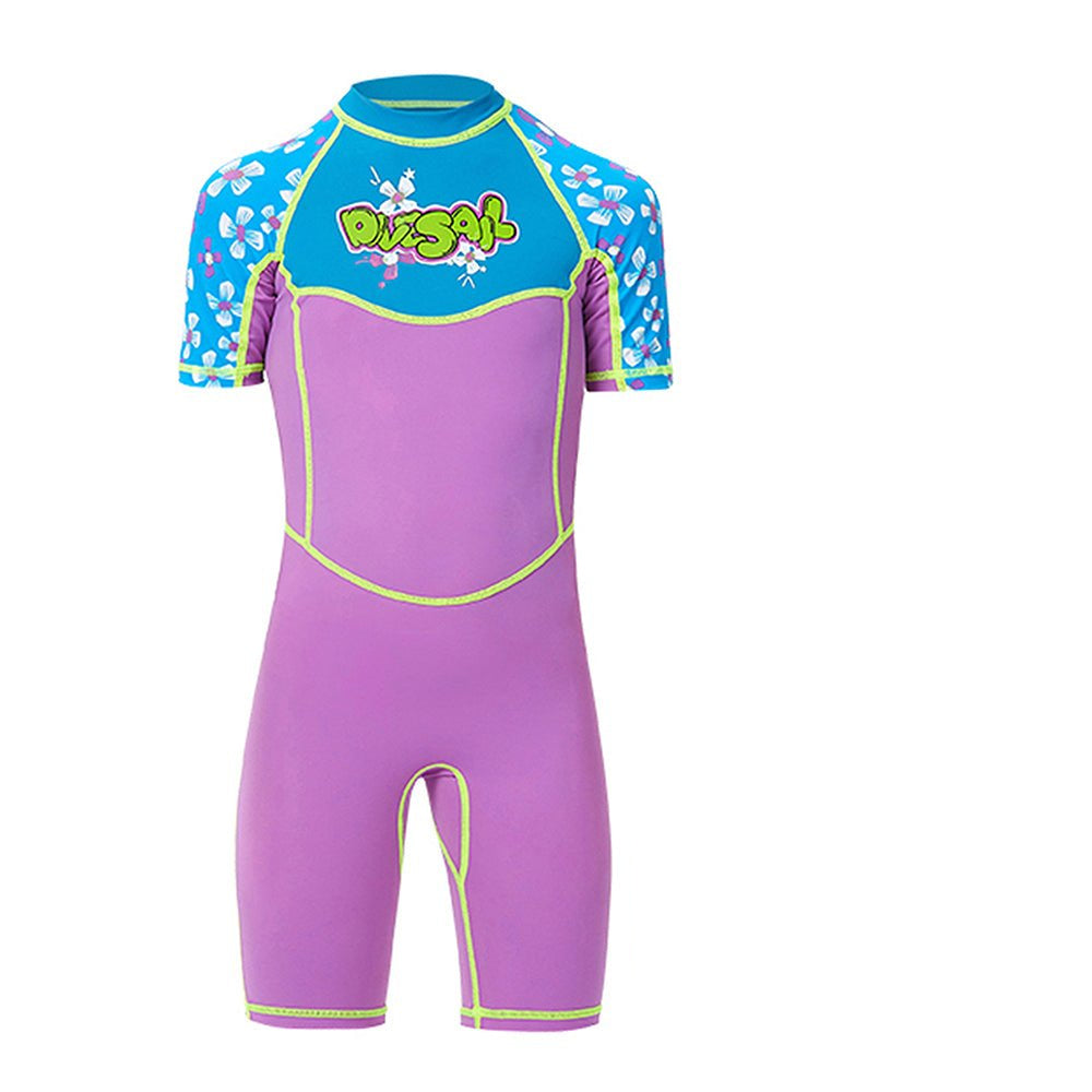 One piece Knee Length Kids Swimwear Purple & Blue Floral Print, UPF 50+ with Cap - Little Surprise BoxOne piece Knee Length Kids Swimwear Purple & Blue Floral Print, UPF 50+ with Cap
