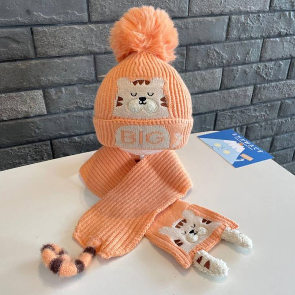 Orange Tiger woven Stretchable Woolen Winter Cap for Kids with Matching Neck Muffler Set (3-10yrs) - Little Surprise BoxOrange Tiger woven Stretchable Woolen Winter Cap for Kids with Matching Neck Muffler Set (3-10yrs)