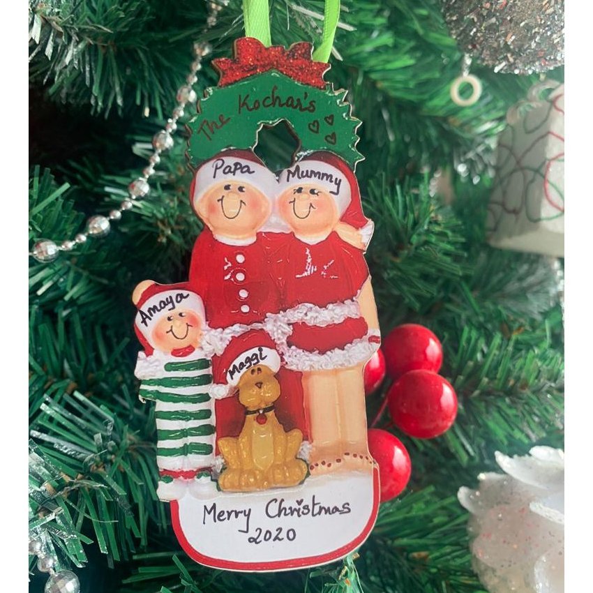 Personalized Wooden Family Tree Ornament (Family of 3) with a Pet