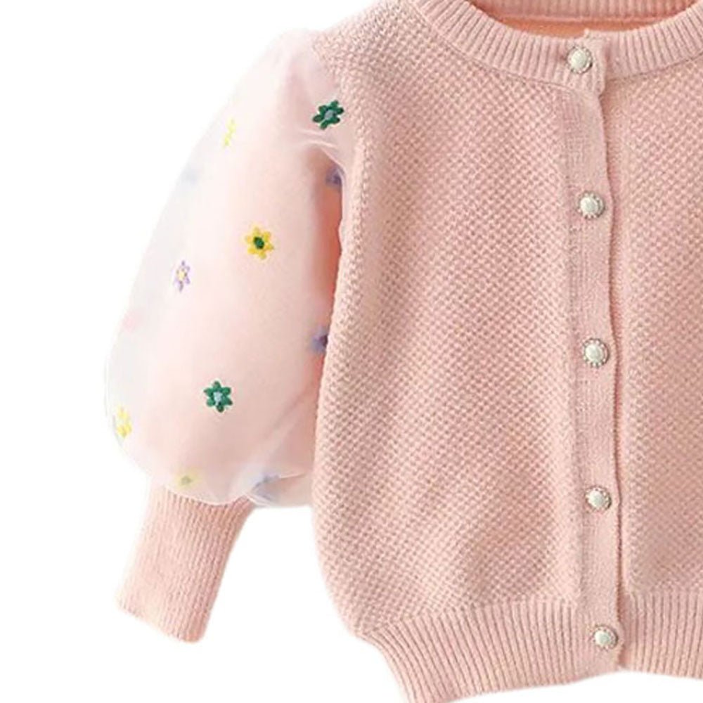 Pink Floral Puff Style Stylish Warmer Cardigan & Christmas Sweater for toddlers & Kids - Little Surprise BoxPink Floral Puff Style Stylish Warmer Cardigan & Christmas Sweater for toddlers & Kids
