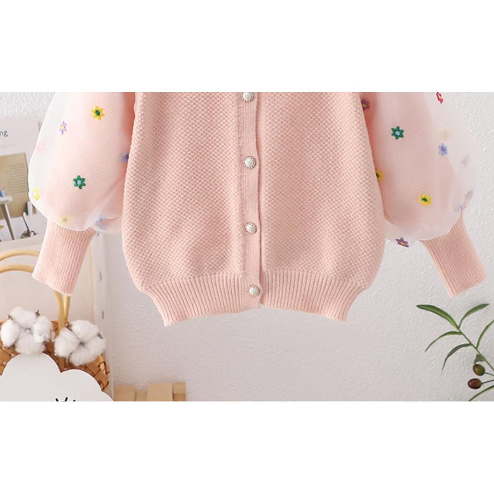 Pink Floral Puff Style Stylish Warmer Cardigan & Christmas Sweater for toddlers & Kids - Little Surprise BoxPink Floral Puff Style Stylish Warmer Cardigan & Christmas Sweater for toddlers & Kids
