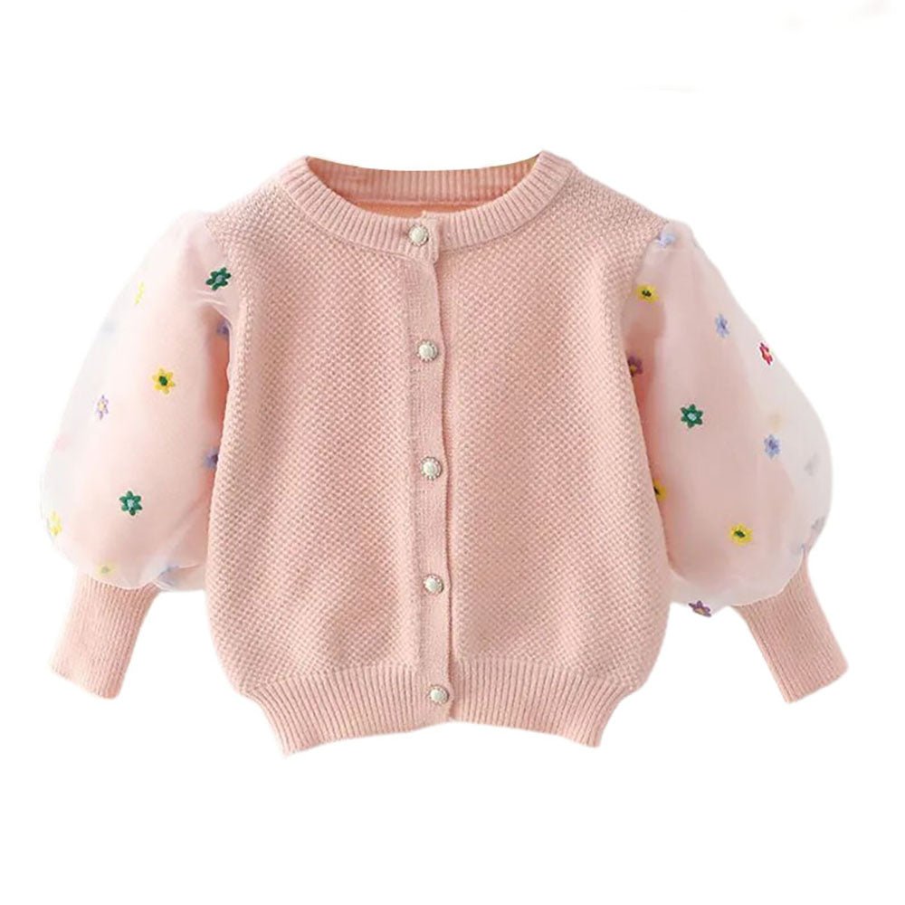 Pink Floral Puff Style Stylish Warmer Cardigan & Christmas Sweater for toddlers & Kids - Little Surprise BoxPink Floral Puff Style Stylish Warmer Cardigan & Christmas Sweater for toddlers & Kids