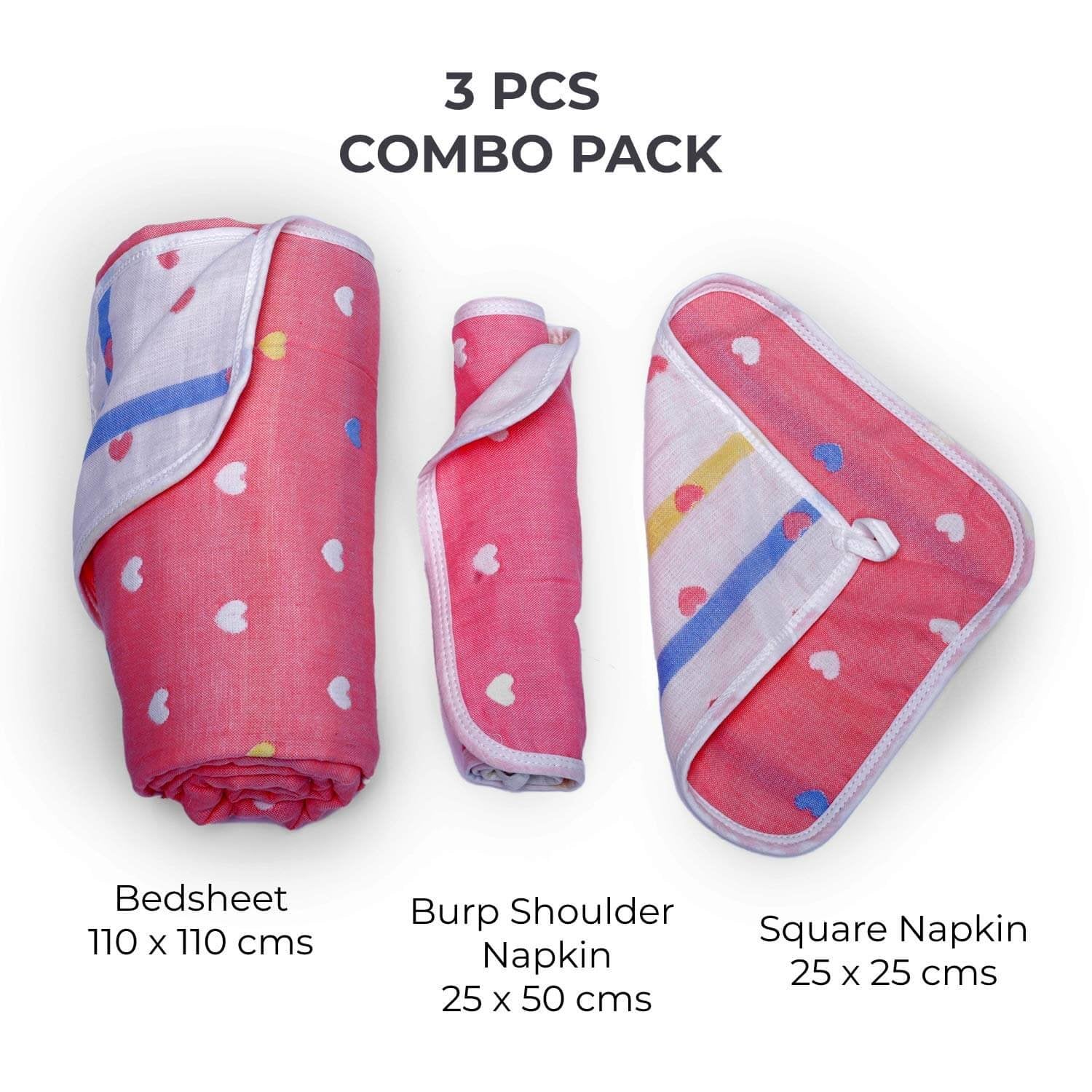 Pink Hearts Designed Organic Muslin Blanket, Bib and Napkin Matching Set - Little Surprise BoxPink Hearts Designed Organic Muslin Blanket, Bib and Napkin Matching Set