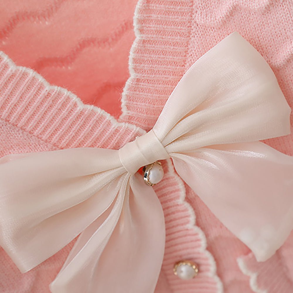 Pink Ruffled Cardigan with Big White Bow Winter Warmer Sweater for Toddlers & Kids - Little Surprise BoxPink Ruffled Cardigan with Big White Bow Winter Warmer Sweater for Toddlers & Kids