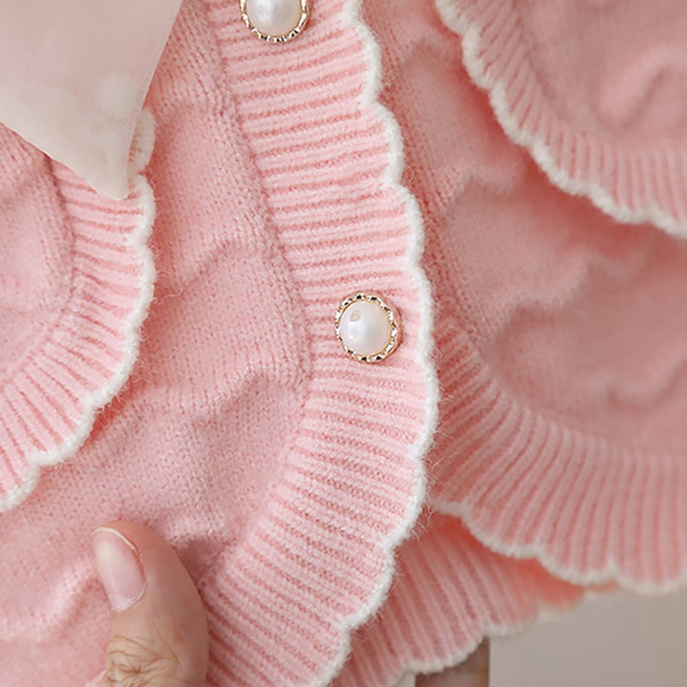 Pink Ruffled Cardigan with Big White Bow Winter Warmer Sweater for Toddlers & Kids - Little Surprise BoxPink Ruffled Cardigan with Big White Bow Winter Warmer Sweater for Toddlers & Kids