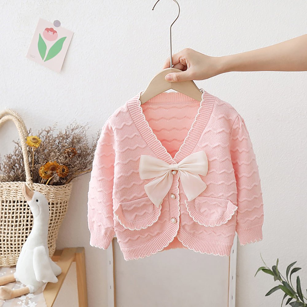 Pink Ruffled Cardigan with Big White Bow Winter Warmer Sweater for Toddlers Kids