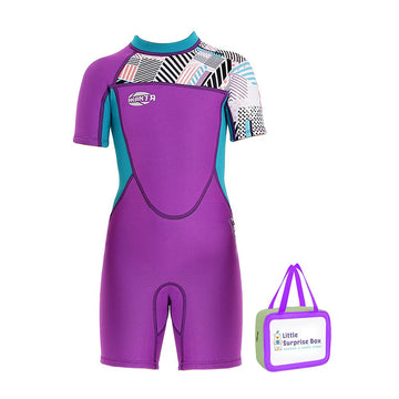 Purple Abstract Sleeve 2.5mm Neoprene Knee Length Kids Swimsuit, Half Sleeves Swimwear - Little Surprise BoxPurple Abstract Sleeve 2.5mm Neoprene Knee Length Kids Swimsuit, Half Sleeves Swimwear