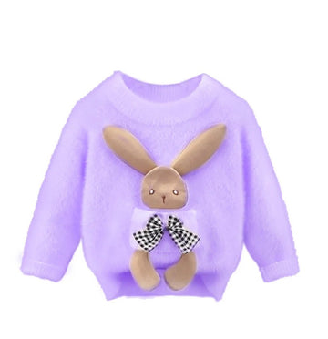 Purple with 3d Bunny Kids Cardigan Sweater, Round Neck - Little Surprise BoxPurple with 3d Bunny Kids Cardigan Sweater, Round Neck