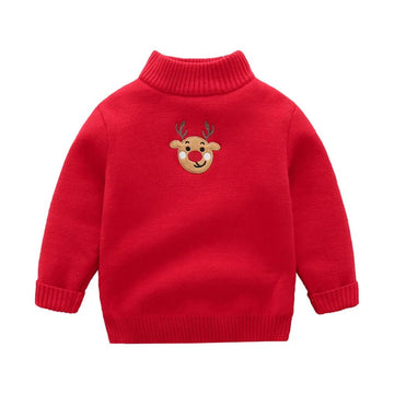 Red Cardigan Sweater Deer Monogram High Neck - Little Surprise BoxRed Cardigan Sweater Deer Monogram High Neck