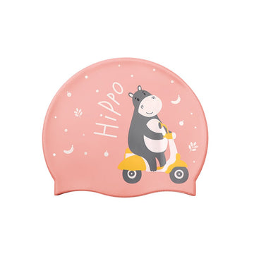 Silicone Kids Swimming Cap, Rider Hippo print, Peach - Little Surprise BoxSilicone Kids Swimming Cap, Rider Hippo print, Peach