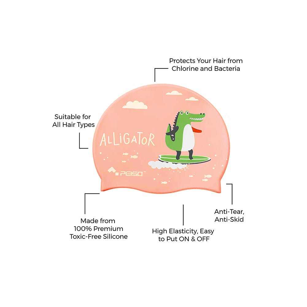 Silicone Kids Swimming Cap, Surfer Alligator print , Peach - Little Surprise BoxSilicone Kids Swimming Cap, Surfer Alligator print , Peach