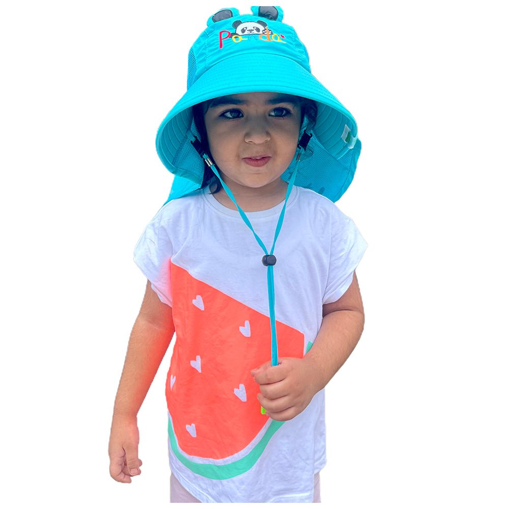 Summer Hat with wide Neck Flap for Kids, (3-10yrs), Teal Panda