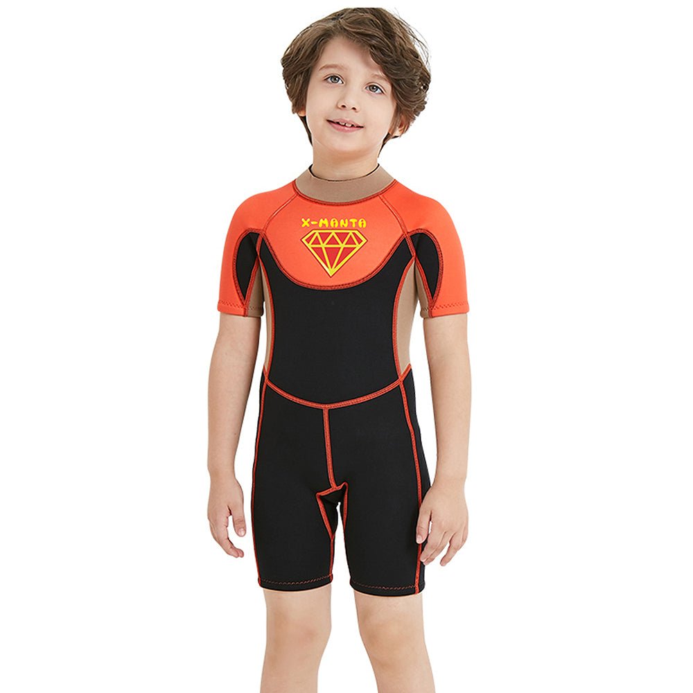 Superhero Brown & Orange 2.5mm Neoprene Knee Length Kids Swimsuit, Half Sleeves Swimwear - Little Surprise BoxSuperhero Brown & Orange 2.5mm Neoprene Knee Length Kids Swimsuit, Half Sleeves Swimwear