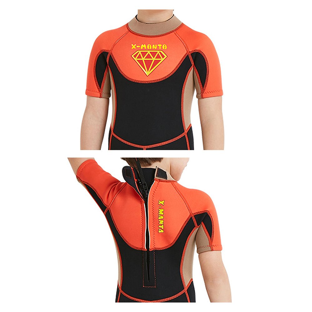 Superhero Brown & Orange 2.5mm Neoprene Knee Length Kids Swimsuit, Half Sleeves Swimwear - Little Surprise BoxSuperhero Brown & Orange 2.5mm Neoprene Knee Length Kids Swimsuit, Half Sleeves Swimwear