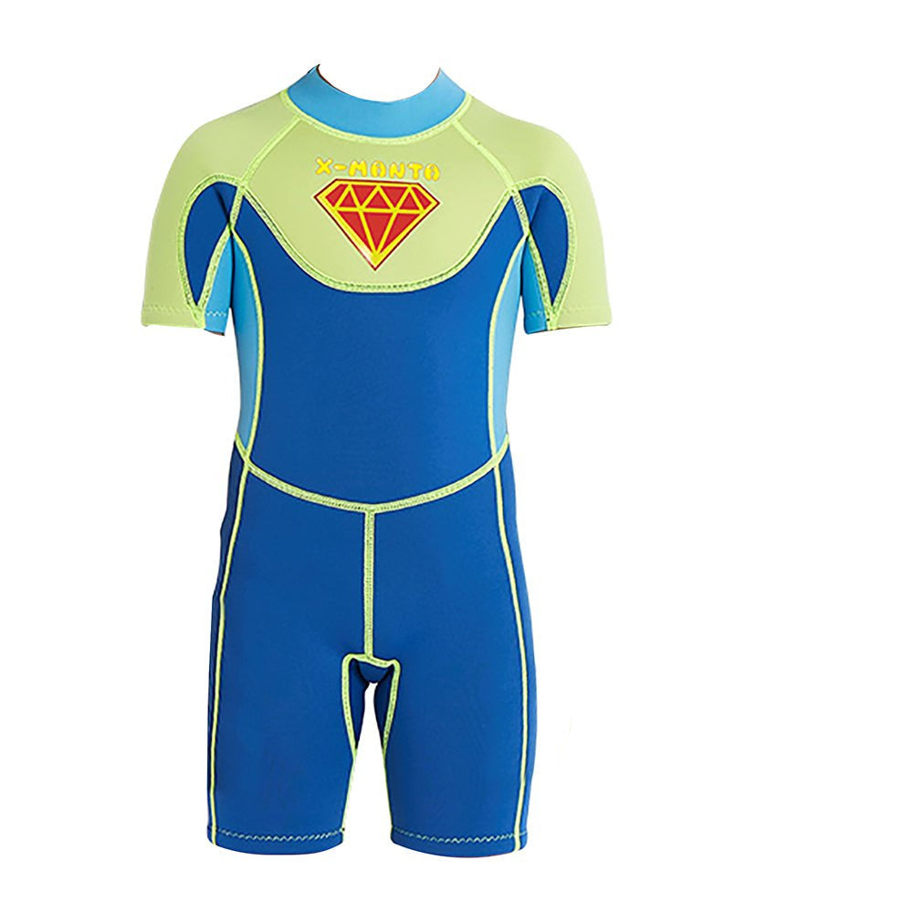 Superhero Green & Blue 2.5mm Neoprene Knee Length Kids Swimsuit, Half Sleeves Swimwear - Little Surprise BoxSuperhero Green & Blue 2.5mm Neoprene Knee Length Kids Swimsuit, Half Sleeves Swimwear