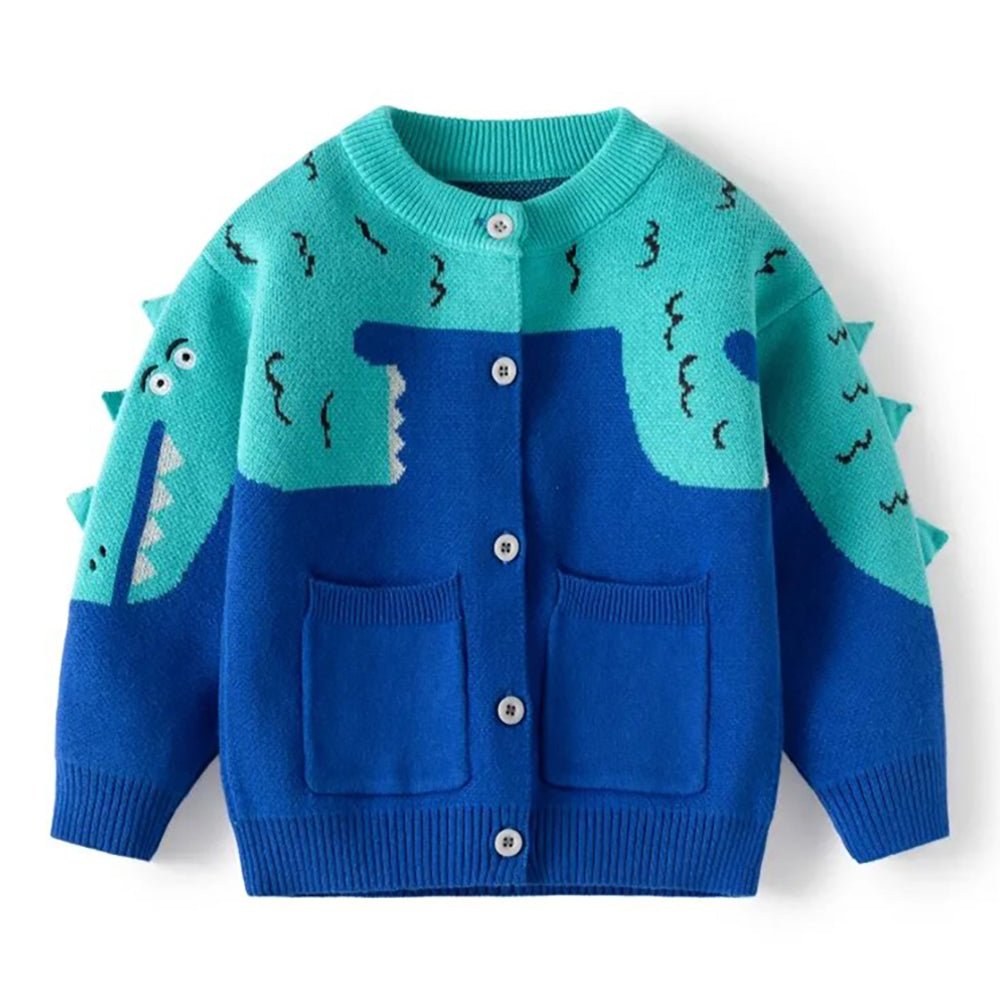 Turquoise Blue Dinosaur Cardigan/Warmer/Sweater for Toddlers & Kids - Little Surprise BoxTurquoise Blue Dinosaur Cardigan/Warmer/Sweater for Toddlers & Kids
