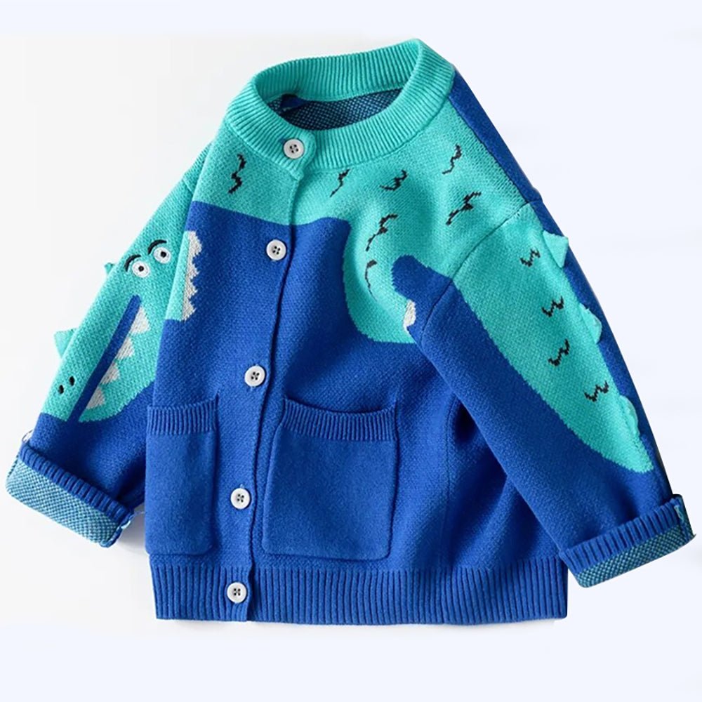 Turquoise Blue Dinosaur Cardigan/Warmer/Sweater for Toddlers & Kids - Little Surprise BoxTurquoise Blue Dinosaur Cardigan/Warmer/Sweater for Toddlers & Kids