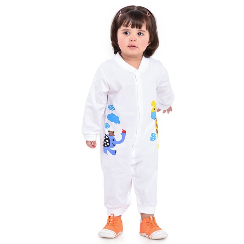 White Romper with Blue Elephant and Yellow Giraffe Print, 1-2 years - Little Surprise BoxWhite Romper with Blue Elephant and Yellow Giraffe Print, 1-2 years
