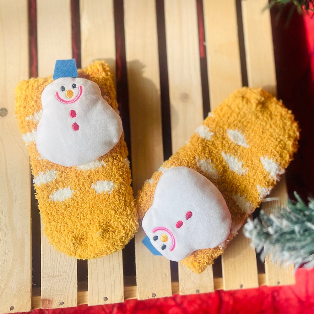 Yellow Xmas Snowman theme Woolen Christmas Socks for Infants (0-12) months - Little Surprise BoxYellow Xmas Snowman theme Woolen Christmas Socks for Infants (0-12) months