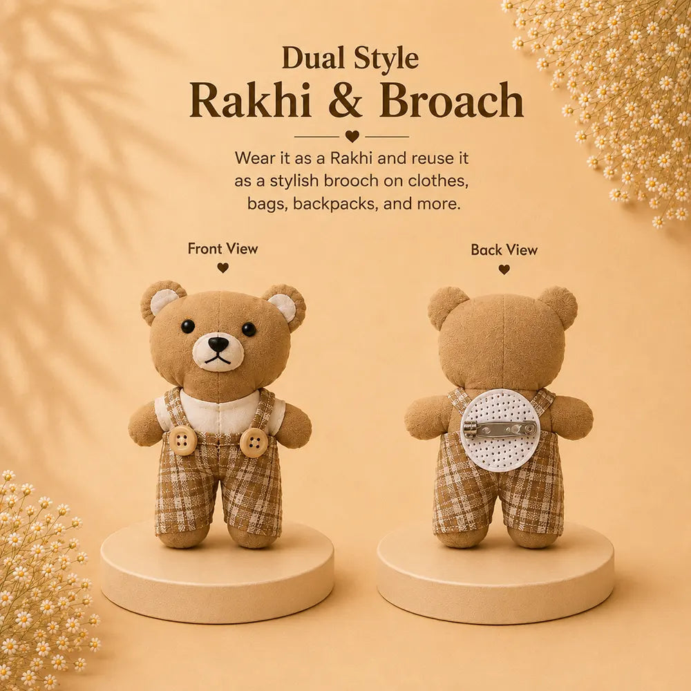 Dual style Checks Teddy Bear Rakhi & Brooch clip for Kids