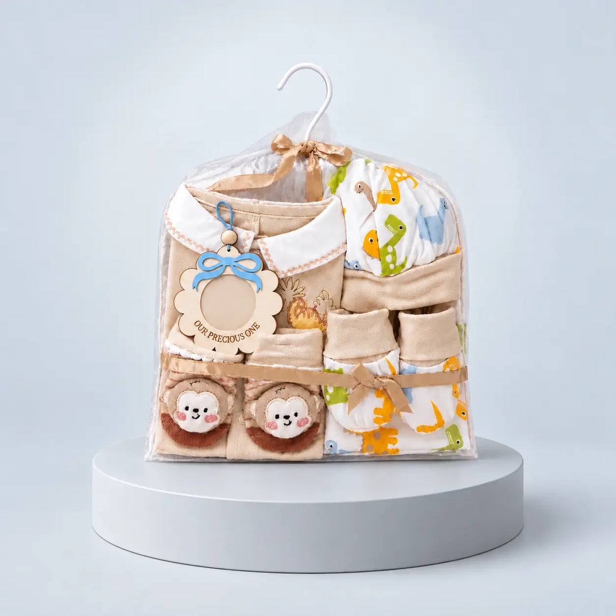 9 Pcs Beige Animals print Newborn Baby All Season Wear, Net Gift Hamper set, 0-6 months
