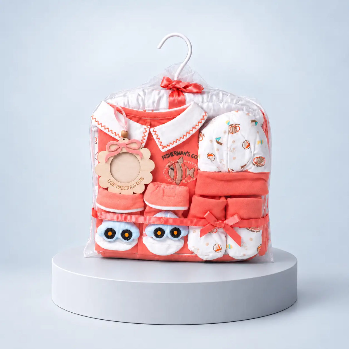 9 Pcs Peach Fishy Print Newborn Baby All Season Wear, Net Gift Hamper set, 0-6 months