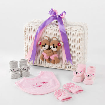 25 pcs, Twin Girls White cane basket themed Newborn Baby Boy, All Season wear,Gift Hamper set, 0-6 months